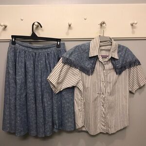 Vintage Fringe Striped Shirt With Skirt Set**